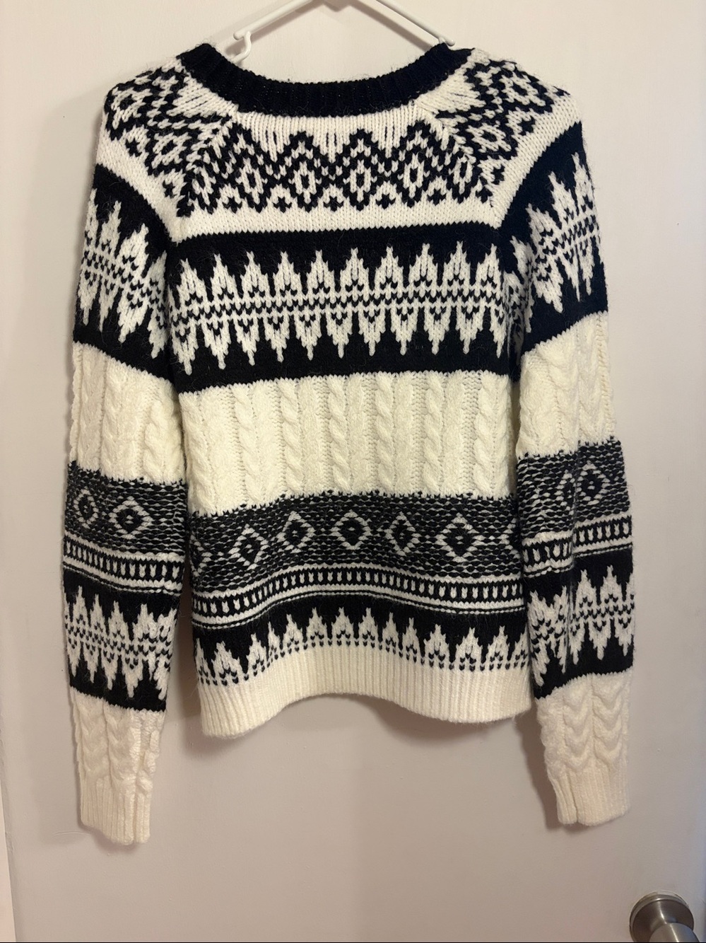 NWT HEM & THREAD Black & Cream Fair Isle Cable Knit Sweater Ski MEDIUM - Picture 7 of 8